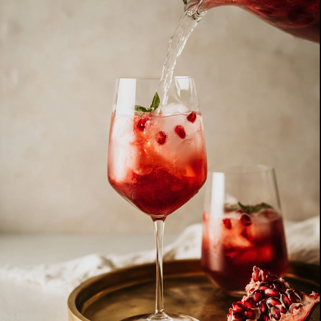 Gin and tonic type drink with pomegranate being poured into a glass