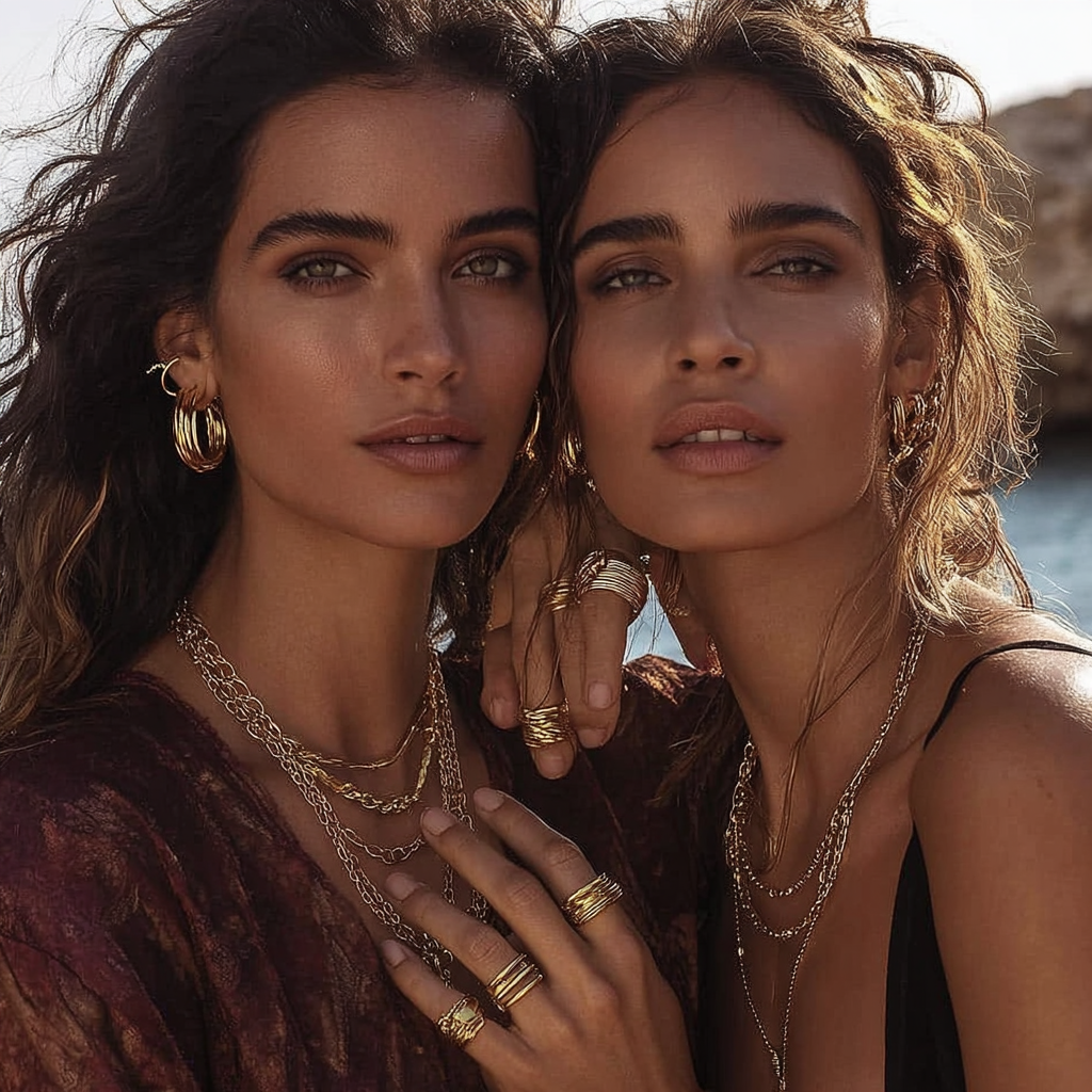 Two women wearing gold jewelry with a blurred natural background
